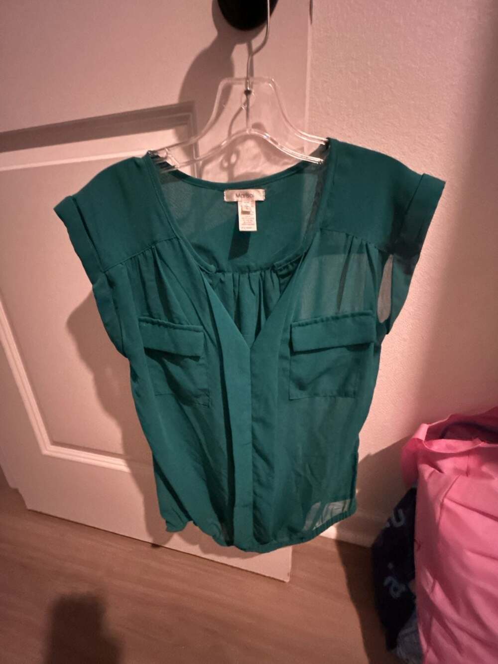 Marisol Green Semi-Sheer Cap Sleeve Blouse with Front Pockets